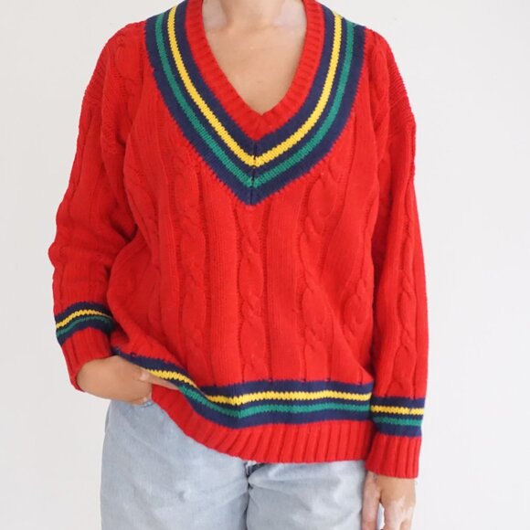 Vintage Hunt Club Red Cable Knit Cotton Sweater Varsity Tennis Preppycore M - Picture 1 of 8